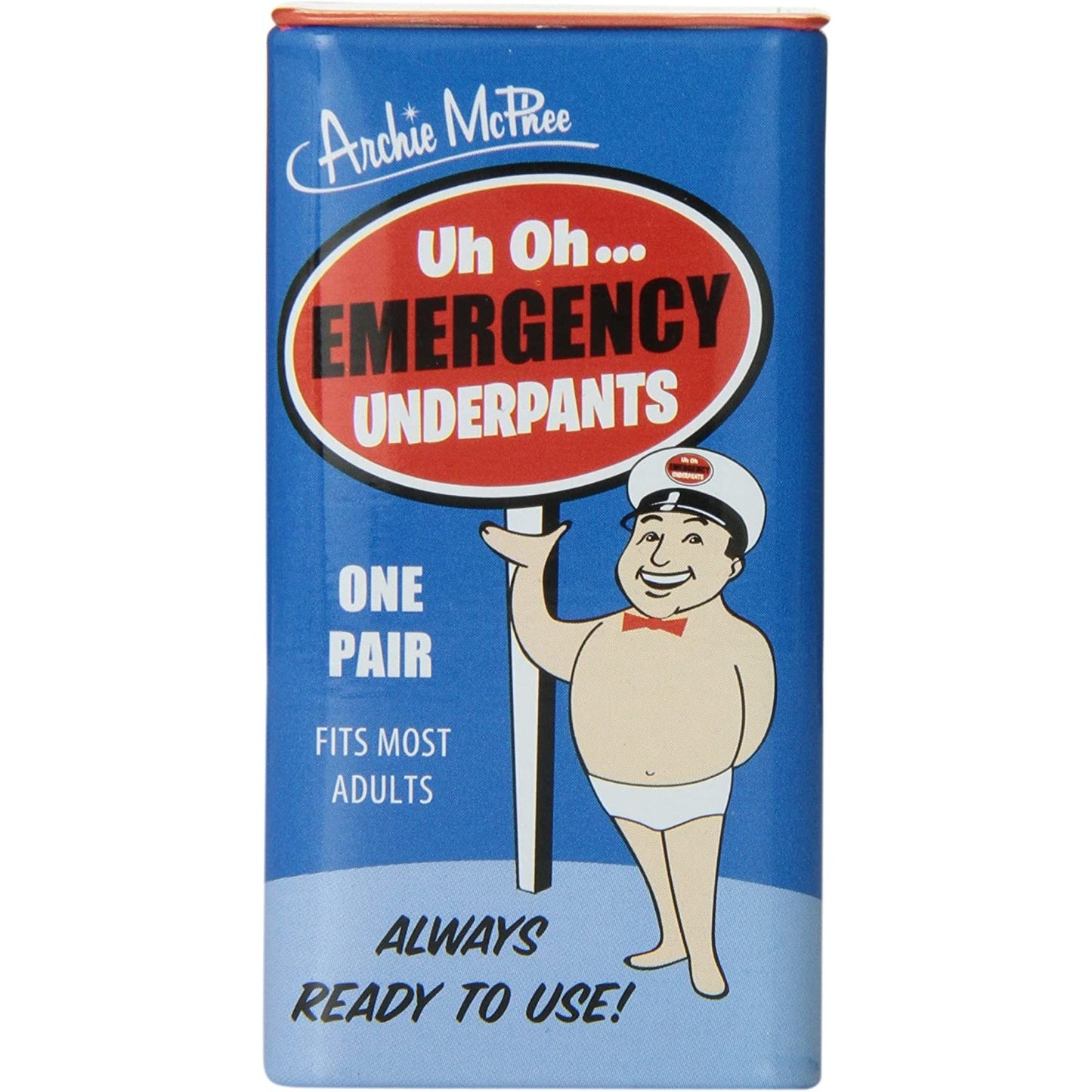 A tin can of emergency underpants. The text reads, 'Archie McPhee. Uh Oh... emergency underpants. One pair fits most adults. Ready to use!'