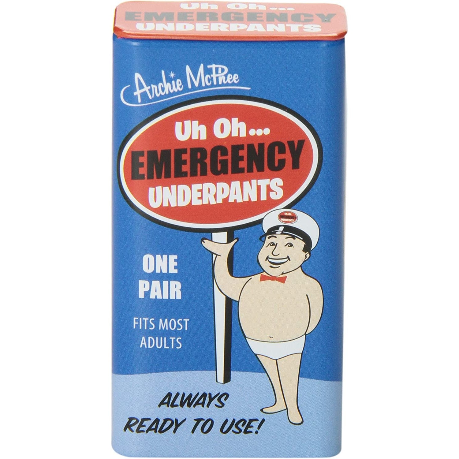 The tin-can packaging for a pair of emergency underpants made by Accoutrements.'
