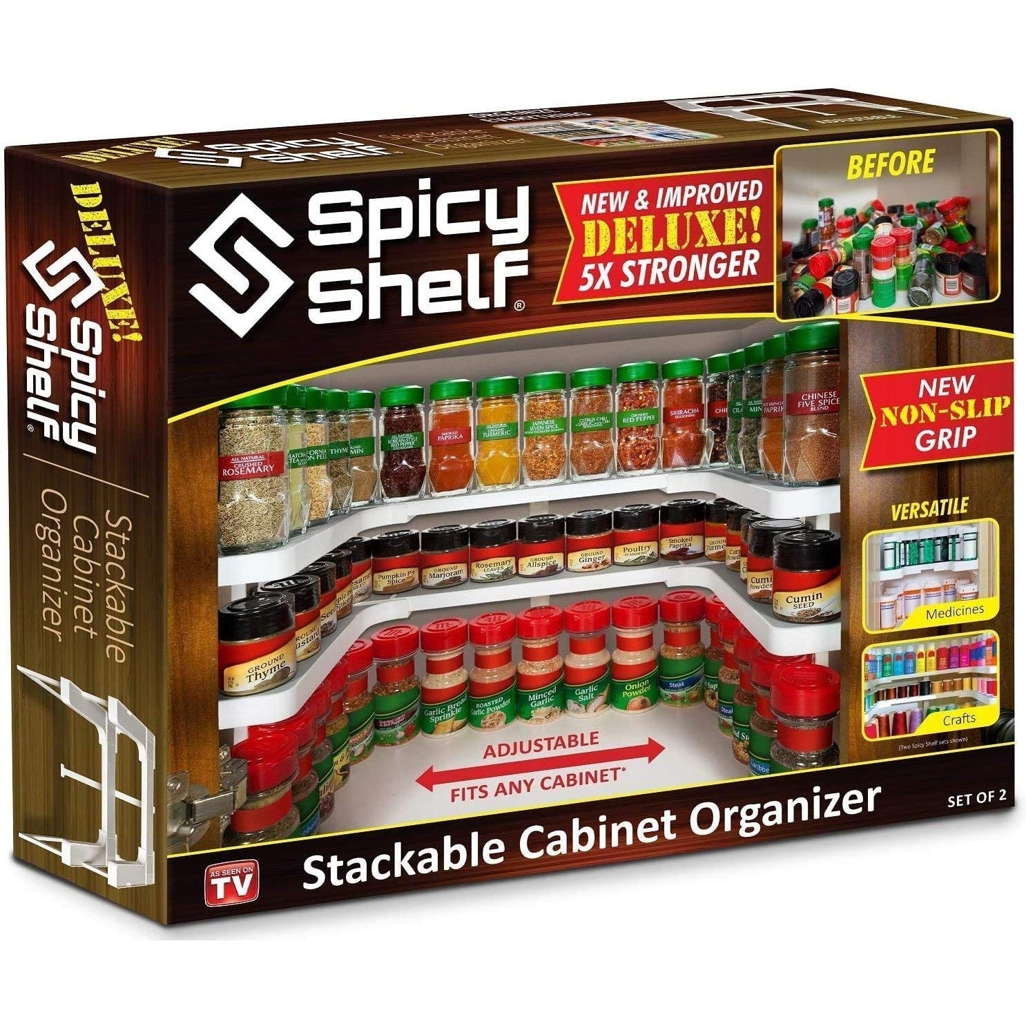 The packaging and box for a stackable cabinet spice organizer.