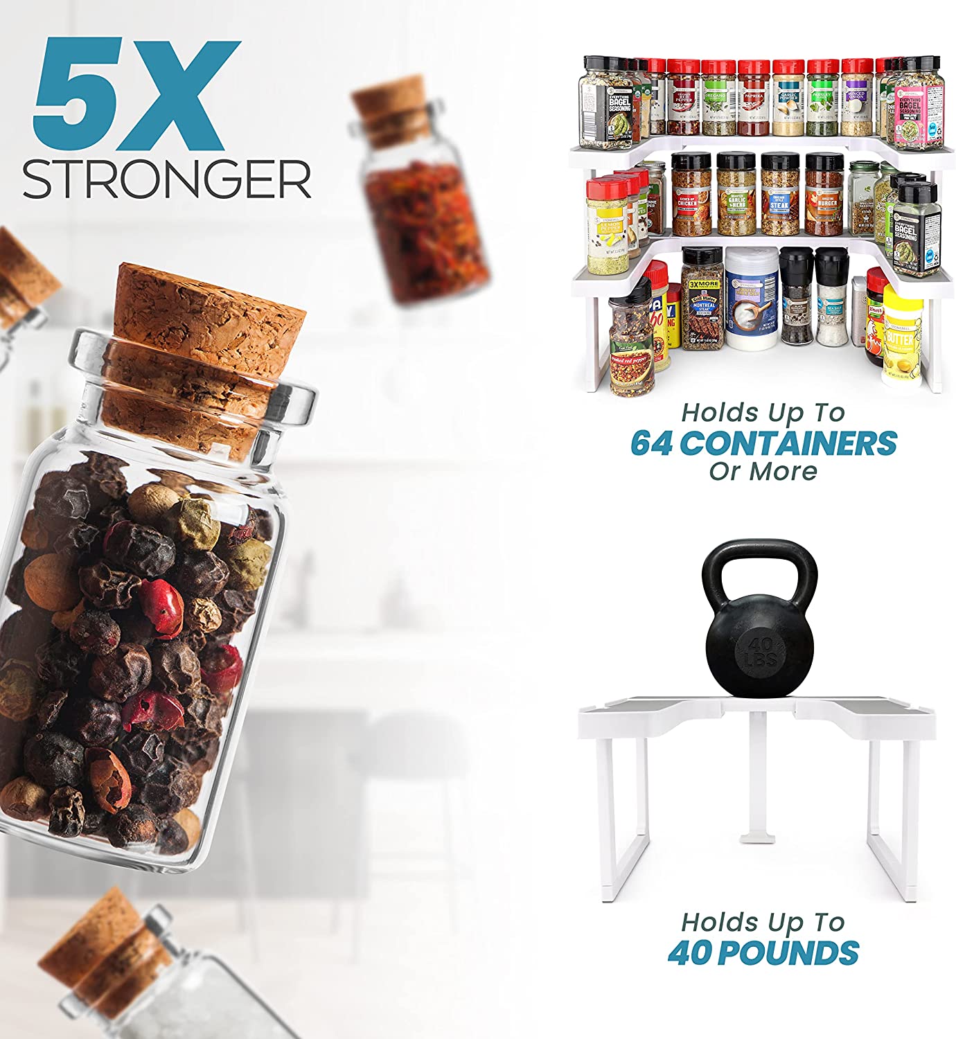 A collage of images showing an expandable spice rack. The text reads, '5 times stronger. Holds up to 64 containers or more. Holds up to 40 pounds.'