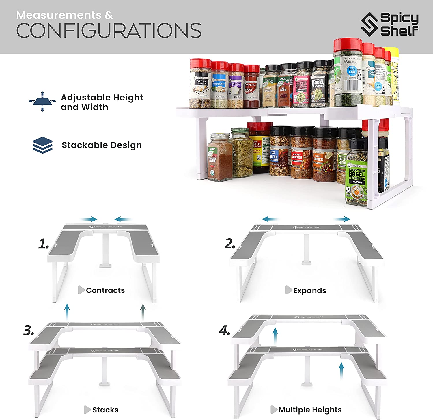 A collage of images for an expandable spice rack. There are images which show the various different heights and widths that the rack can be adjusted to.