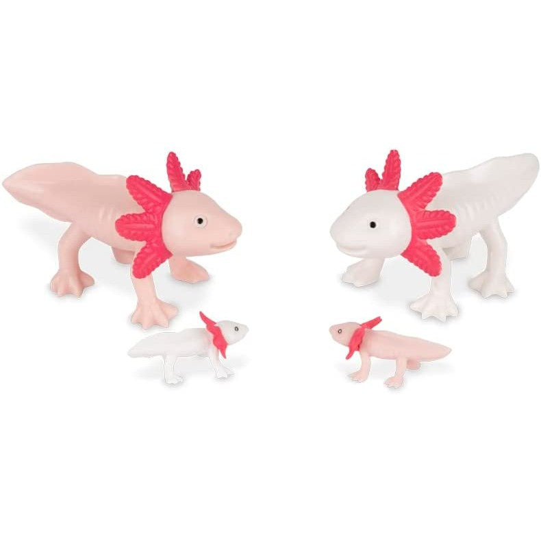 A family of 4 white and pink toy axolotls.