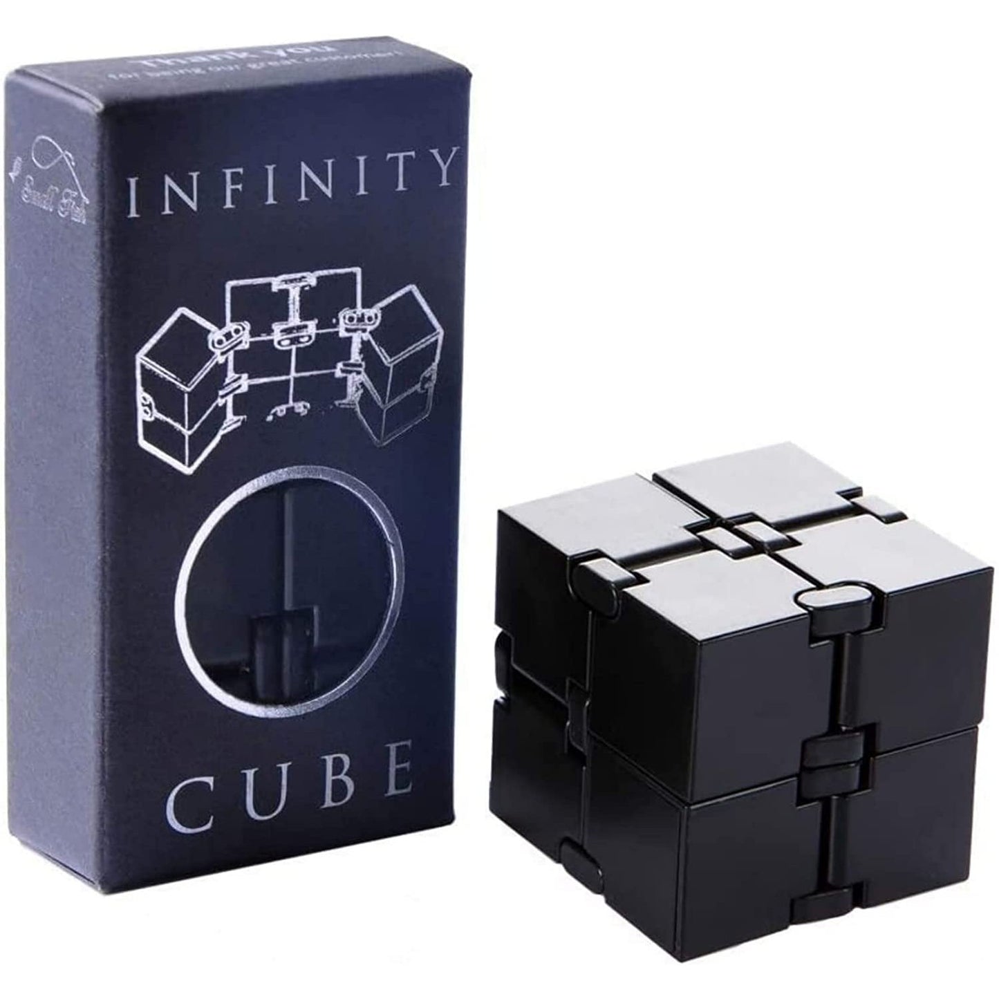 A black infinity fidget cube next to the packaging that the cube comes in. The text on the packaging says, "infinity cube"
