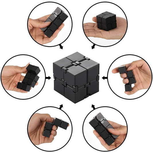 A collage of images showing a fidget toy being used and the different shapes you can create with the cube.