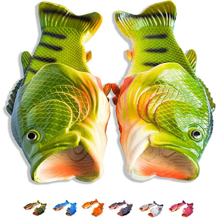 A pair of green and orange fish shaped fish slippers. There are 6 smaller images showing the other colors available.