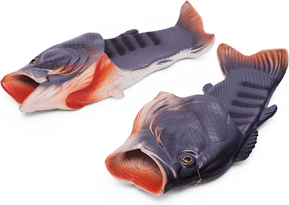 A grey and red pair of fish slippers.