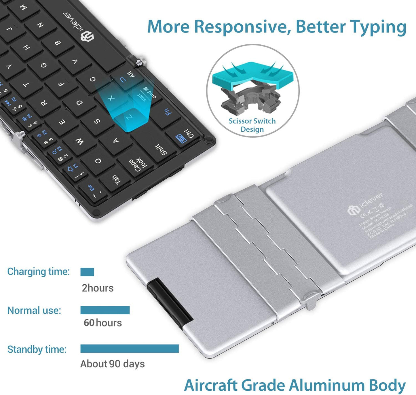 Detailed information about a Bluetooth foldable keyboard. The text reads, "More responsive, better typing. Aircraft Grade aluminium body. Charging time 2 hours. 