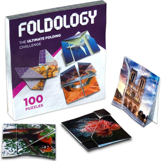 An origami puzzle game called Foldology. There are 3 examples of the puzzles in front of the main box.
