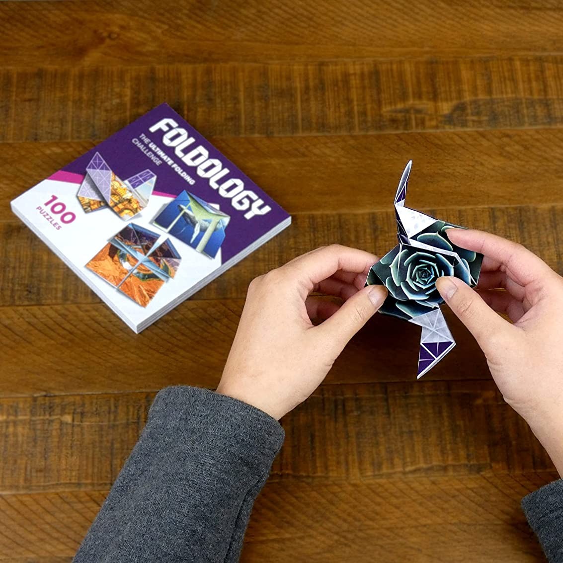 A origami puzzle game called Foldology, a pair of hands is shown attempting to complete one of the puzzles.