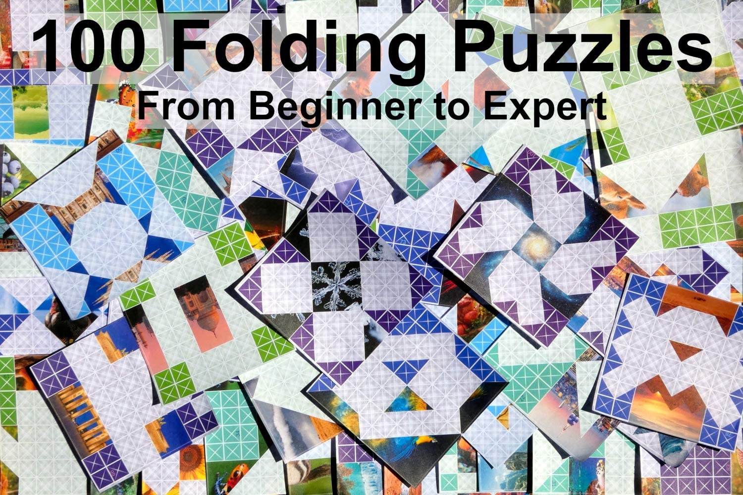 A large number of origami puzzles from Foldology. There is text which says, '100 folding puzzles from beginner to expert.'