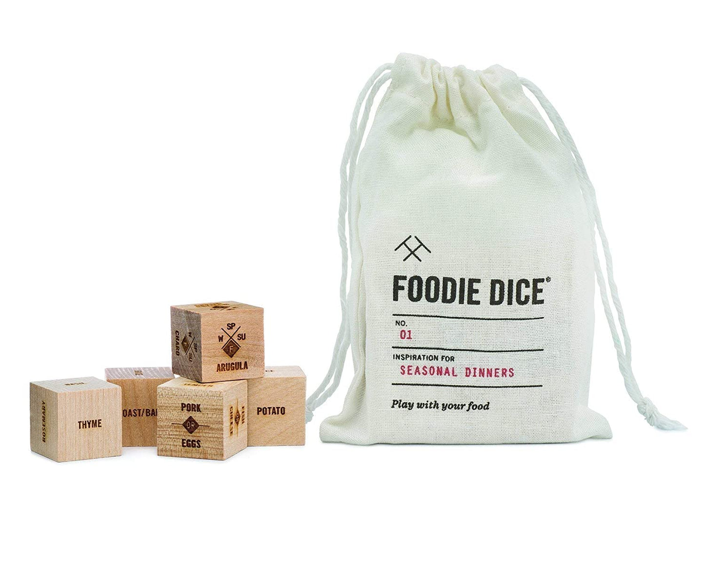 A white satchel with the words, "Foodie Dice" written on it. There are five wooden foodie dice next to the satchel.