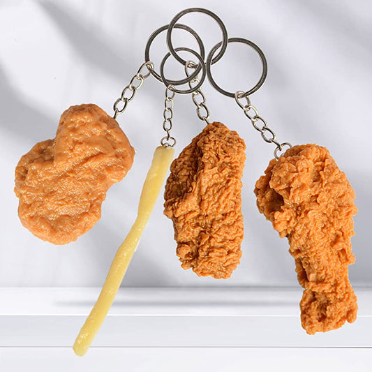 Key chains which feature realistic french fries and chicken pieces attached to the end.