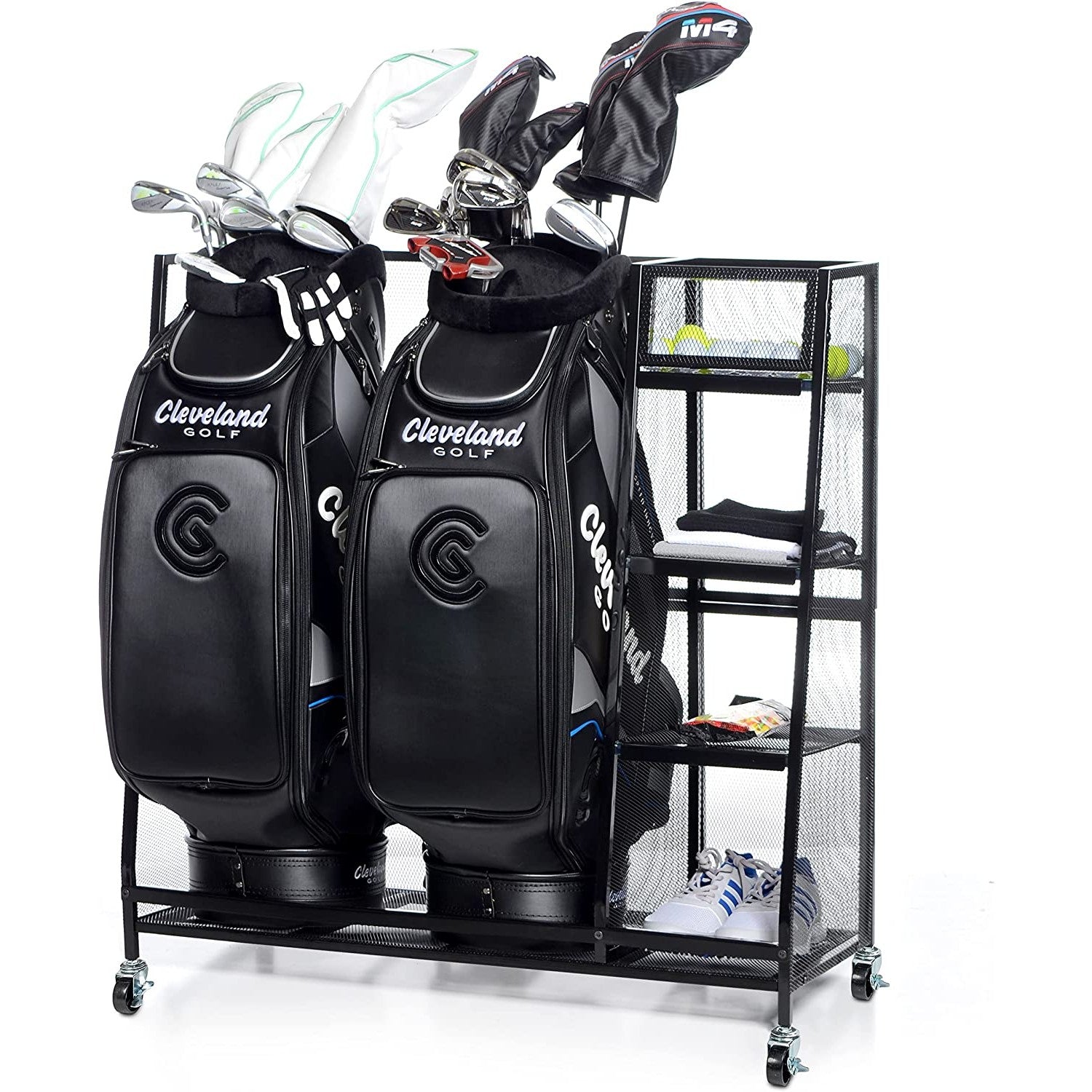 A side view of a golf storage rack organizer filled up with various golf equipment.