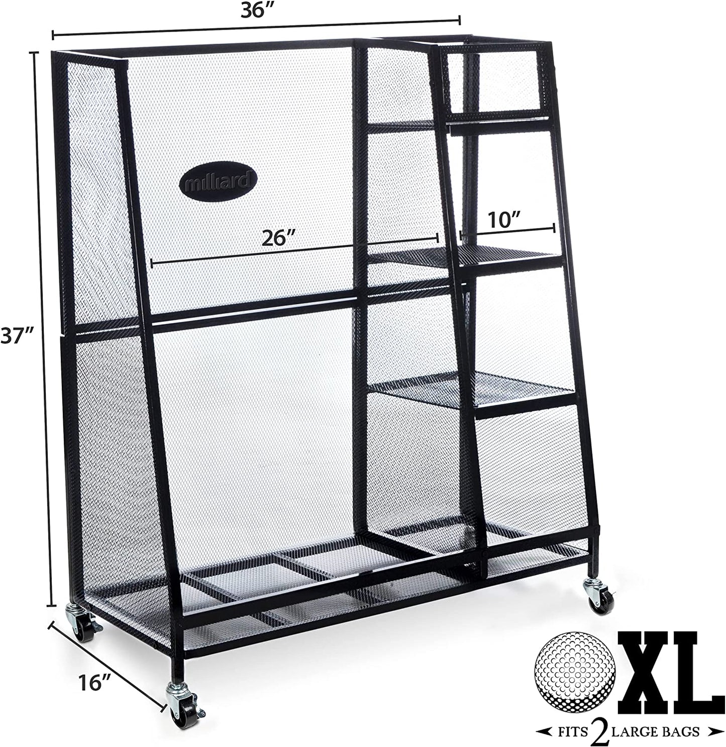 Size measurements for a golf storage rack organizer. The measurements are, 37 inches in height, 36 inches width and 16 inches deep.