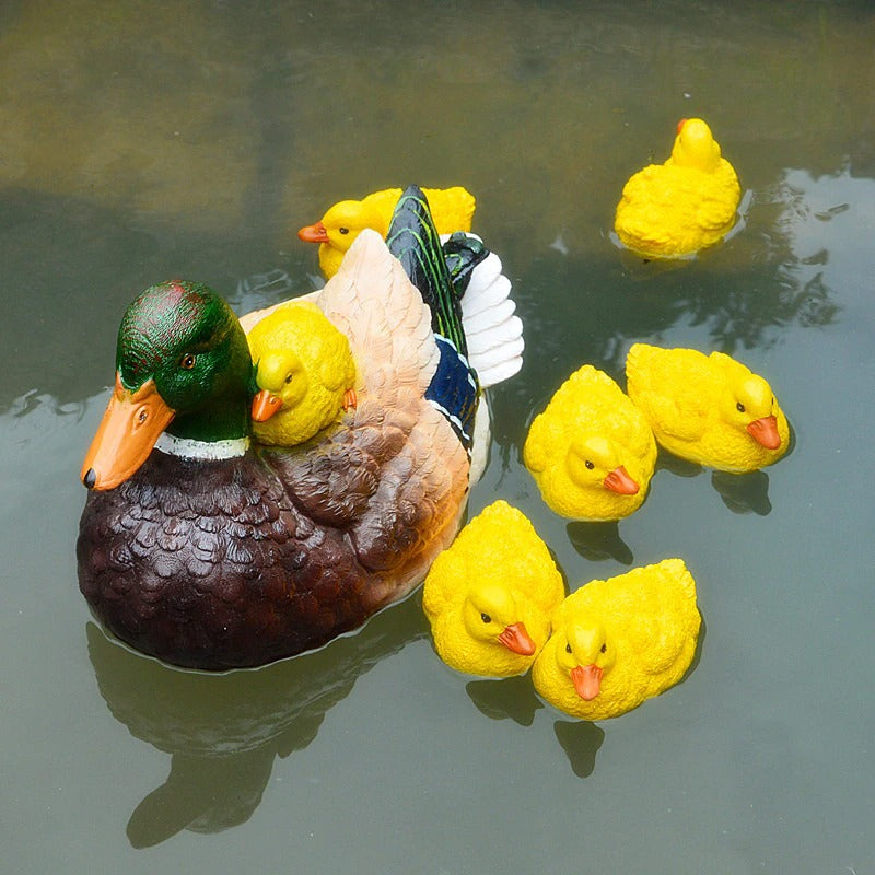 A resin mother duck with 6 ducklings floating in a pond, these are decorative ducks.