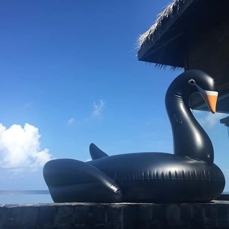 A gigantic pool float shaped as a black swan.