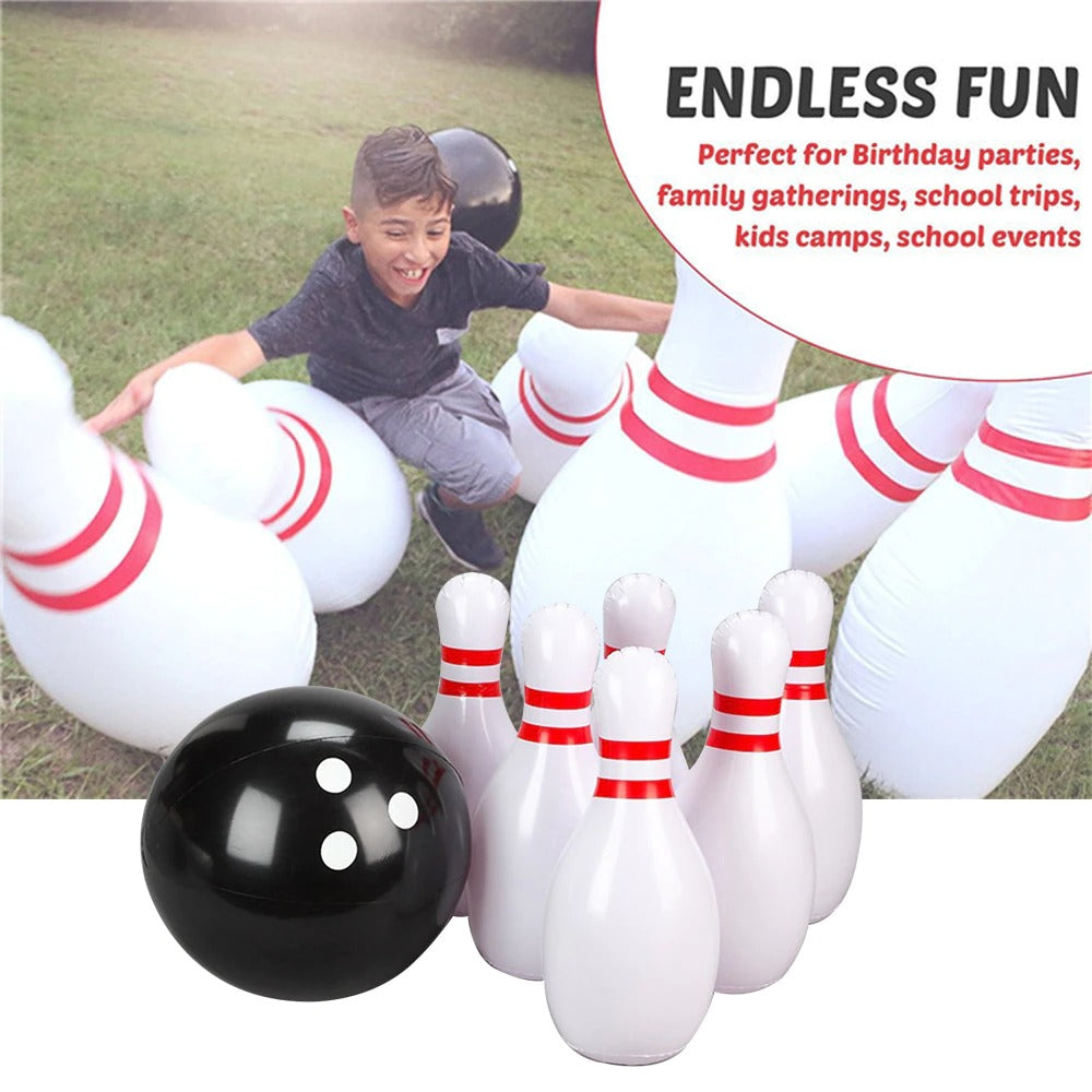 A child is laughing and throwing himself into a set of outdoor bowling pins, there is a headline which says ‘Endless Fun’. There is also an inset shot showing the giant inflatable bowling set which consists of six pins and a ball.