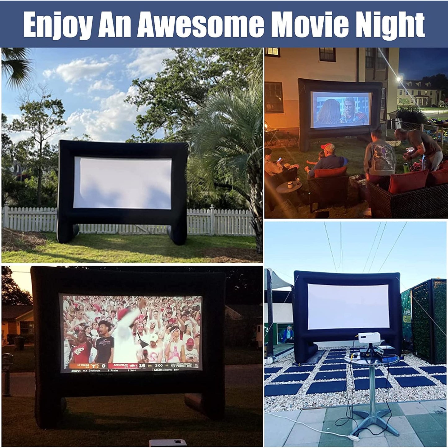 A collage of four photos each showing a giant inflatable outdoor movie screen in various locations.