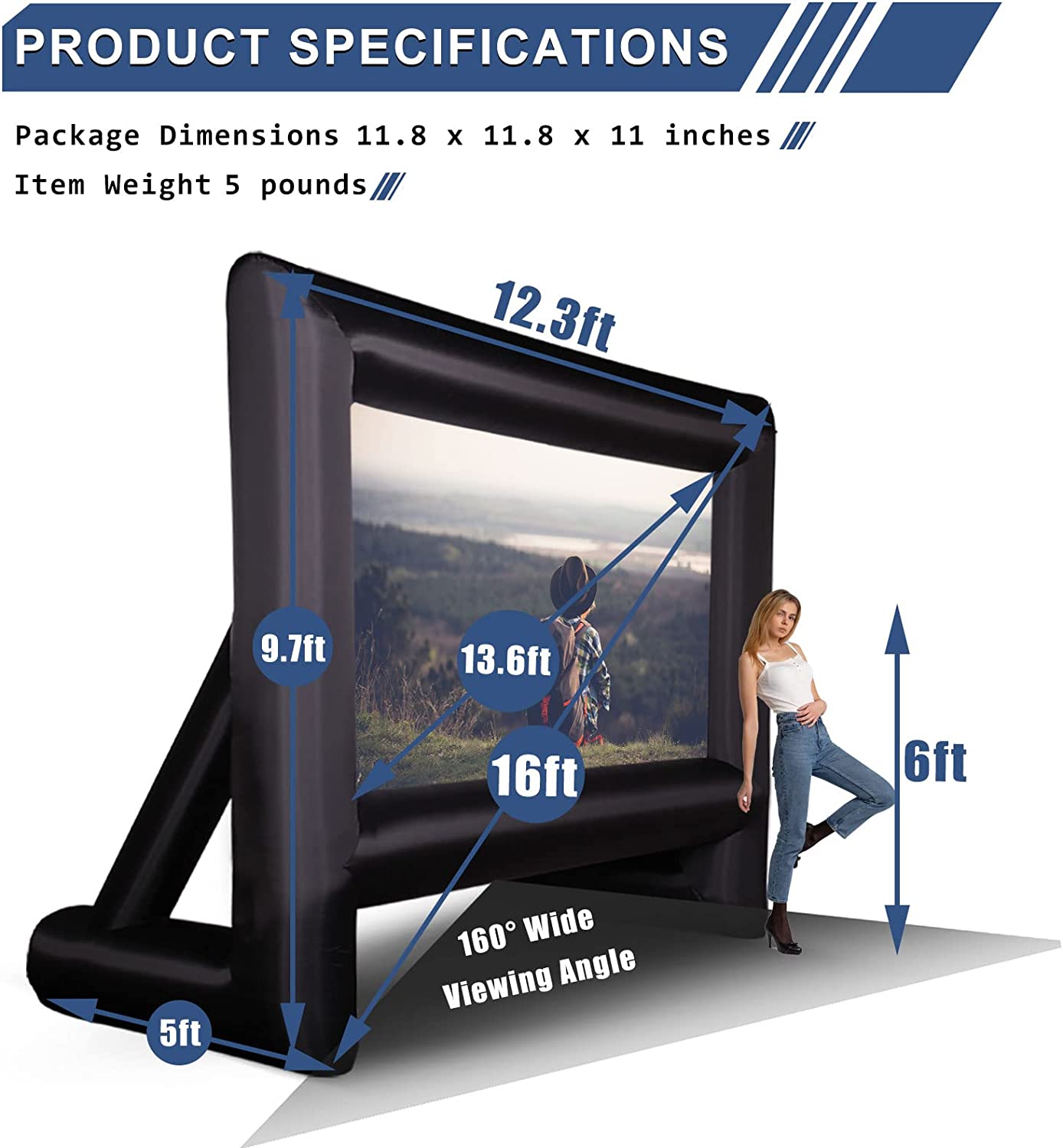 An inflatable giant movie screen showing its product specifications. Item weight is 5 pounds. Package dimensions are 11.8 x 11.8 x 11 inches.