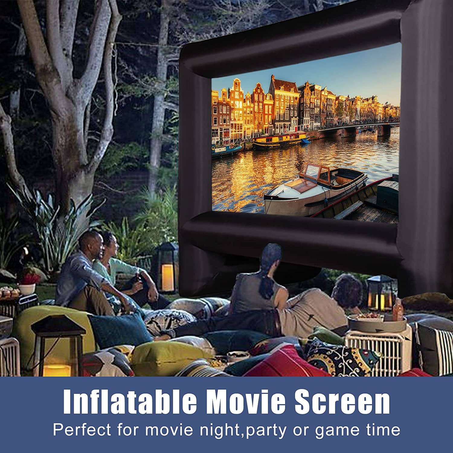 People are outdoors watching a program on a giant inflatable movie screen. There is text which says, "Inflatable movie screen. Perfect for movie night, party or game time."