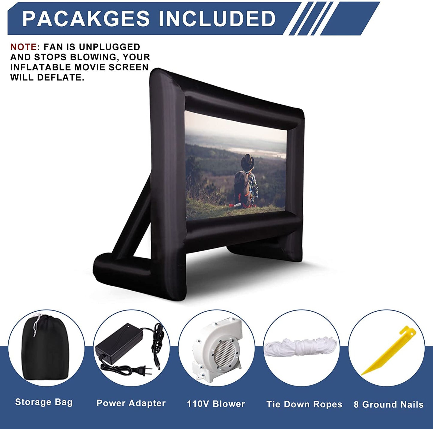 Package contents for a giant inflatable outdoor movie screen. The contents includes, a storage bag, power adapter, 110v blower, tie down ropes and 8 ground nails.