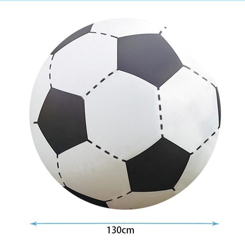 A giant inflatable soccer ball on a white background with a size measurement of 130cms. This giant soccer ball is available in sizes from 40 cms to 150 cms.