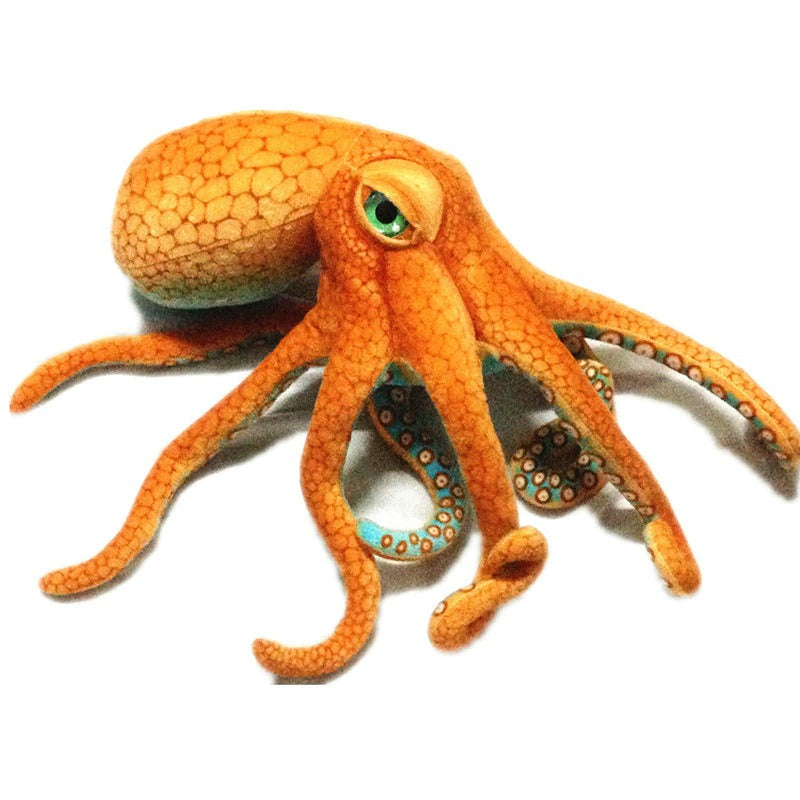 A large orange octopus plush toy with blue/orange tentacles on a white background