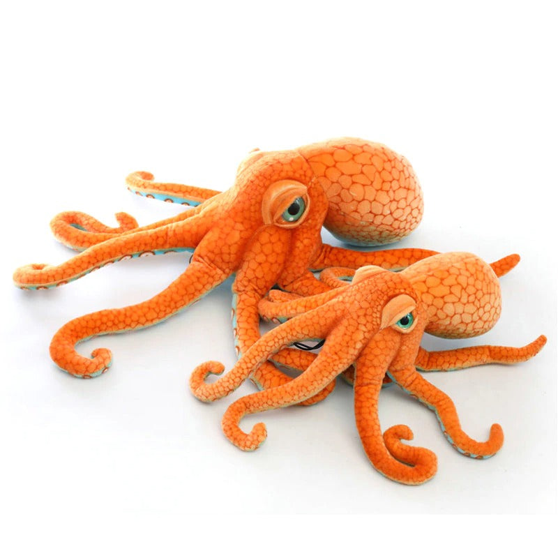 One large and one small sized octopus plush toy on a white background,