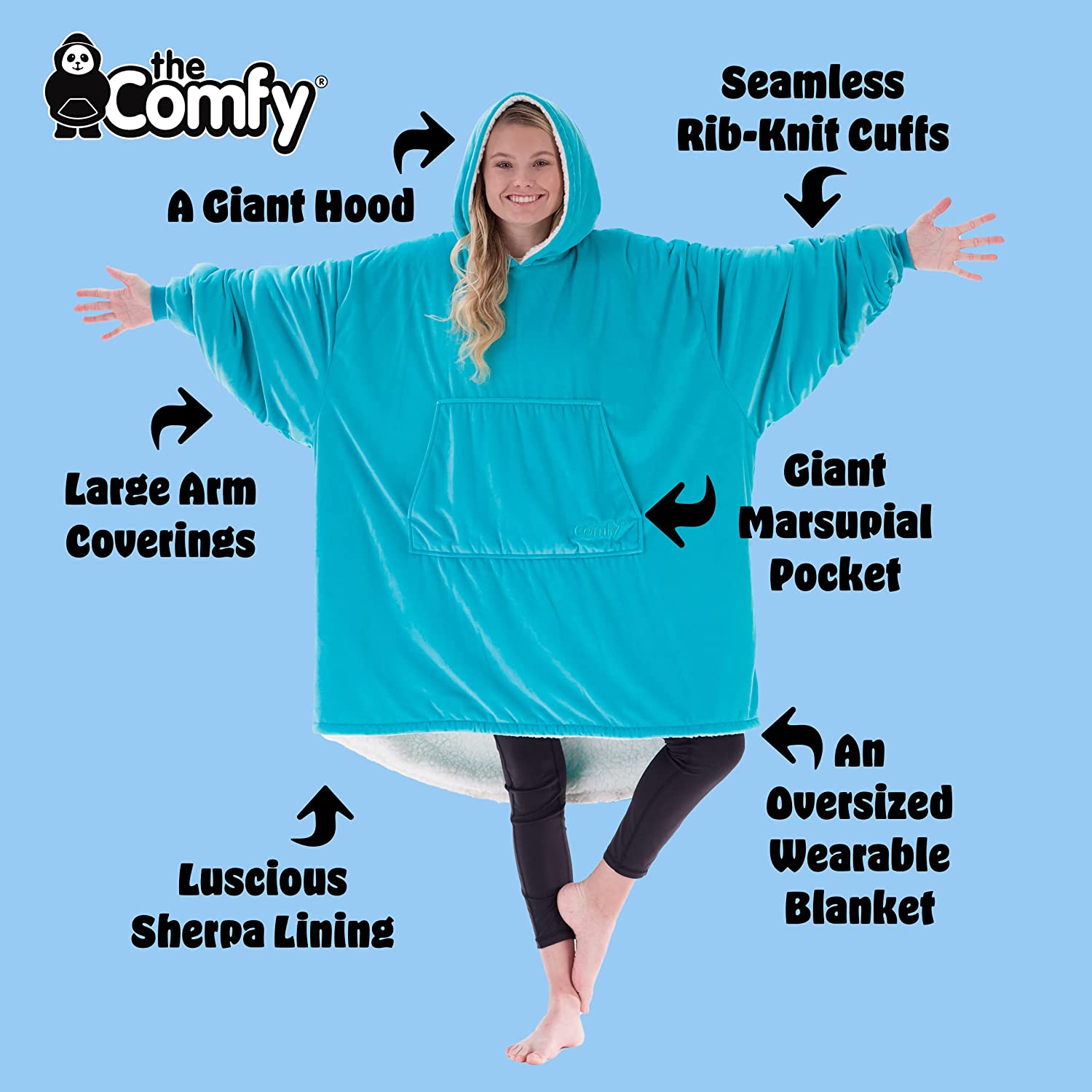 A woman is wearing a giant oversized wearable blanket. There is text which reads, "Seamless rib knit cuffs. Giant marsupial pocket. An oversized wearable blanket. Luscious Sherpa lining. large arm coverings. A giant hood."
