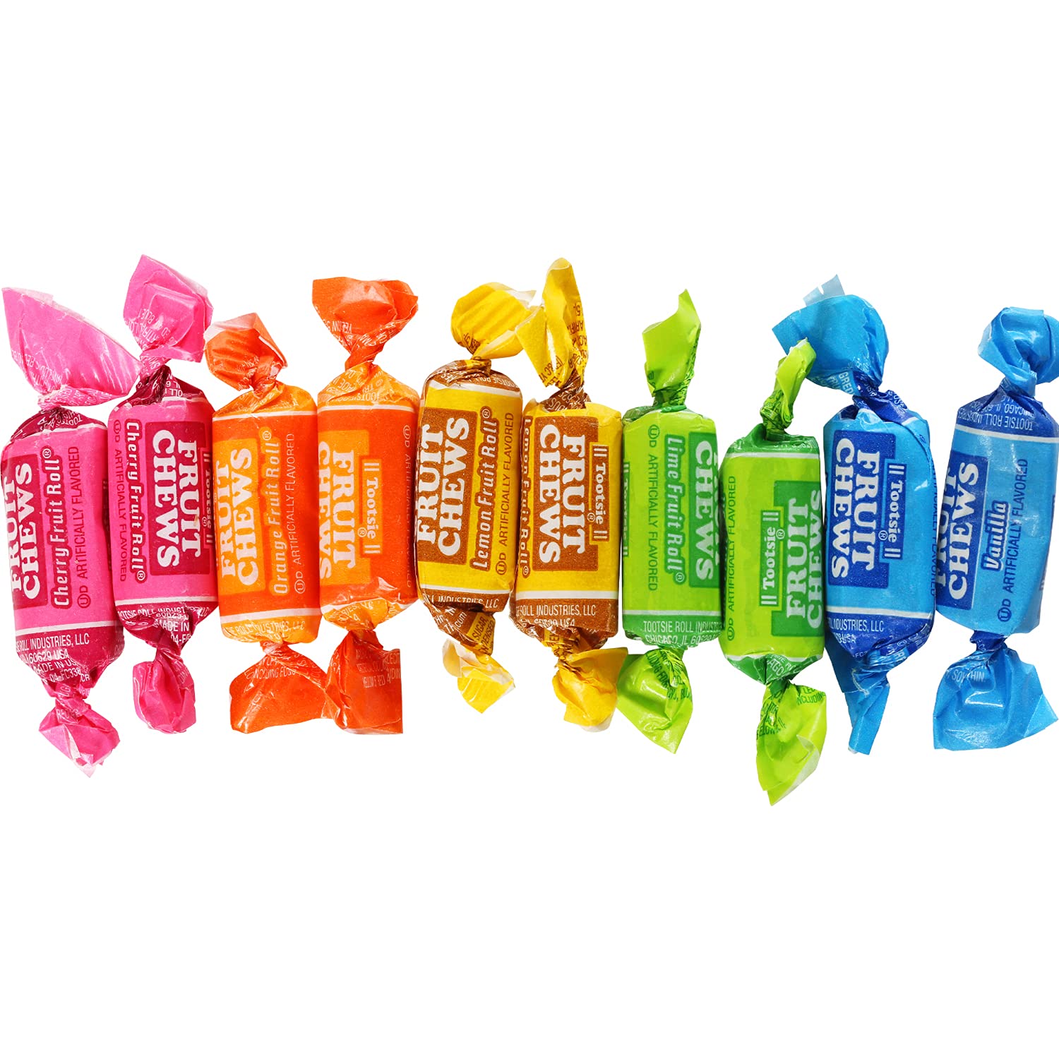 10 individually wrapped fruit flavored Tootsie rolls.