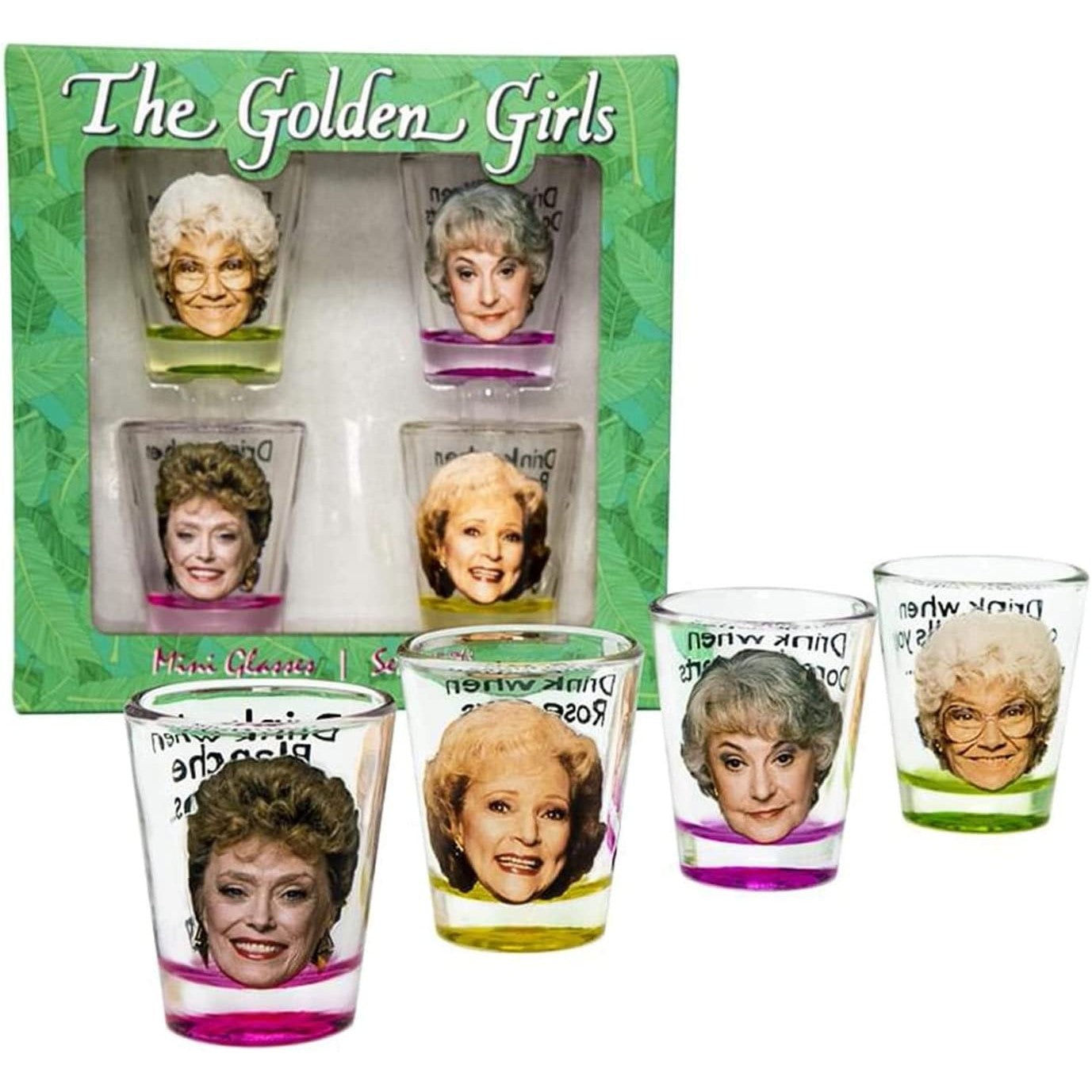 A set of four Golden Girls shot glasses as well as a set of the glasses in green packaging.