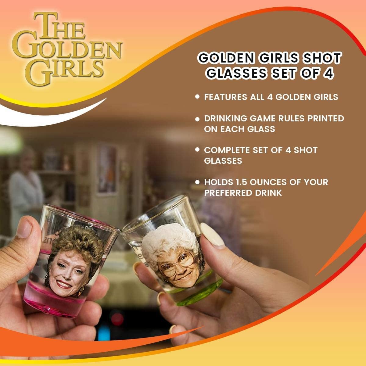 Two hands are holding Golden Girls shot glasses and clinking them together. In the background is a scene from the Golden Girls tv show as well as instructions on how to play the game.
