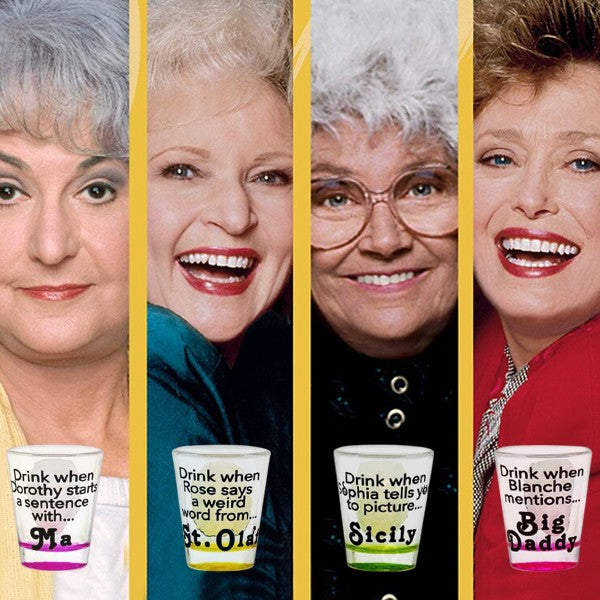 Four images of all four Golden Girls as well as 4 Golden Girls shot glasses.