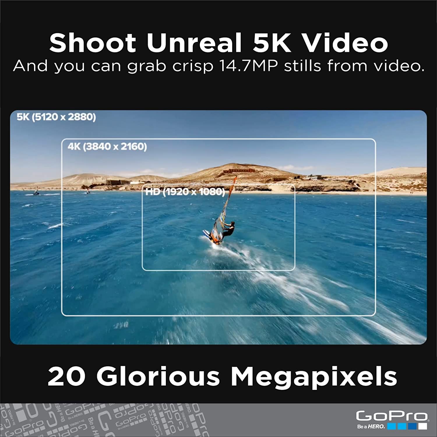 A person is windsurfing in the ocean with a view through a GoPro Hero 9. The text says, 'Shoot unreal 5k video. 20 glorious megapixels.'