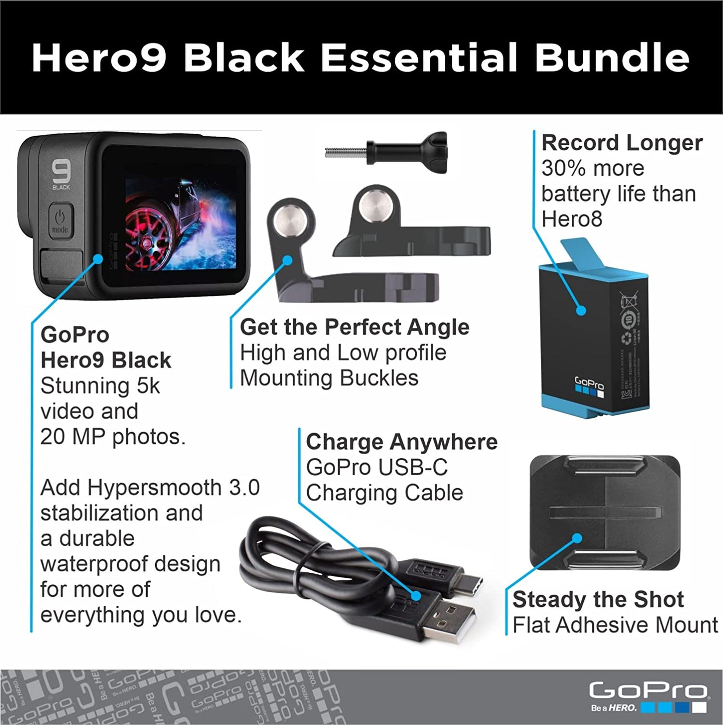 Detailed product features for the GoPro Hero 9. The text says, 'Hero9 Black essential bundle.'