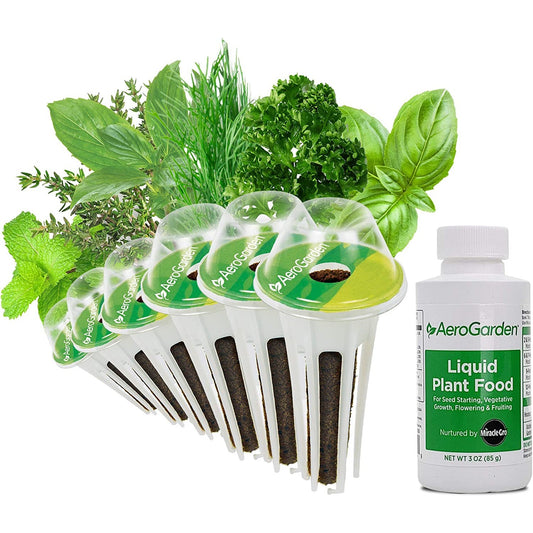 6 AeroGarden herb pods showing fresh herbs and also includes a bottle of liquid plant food.