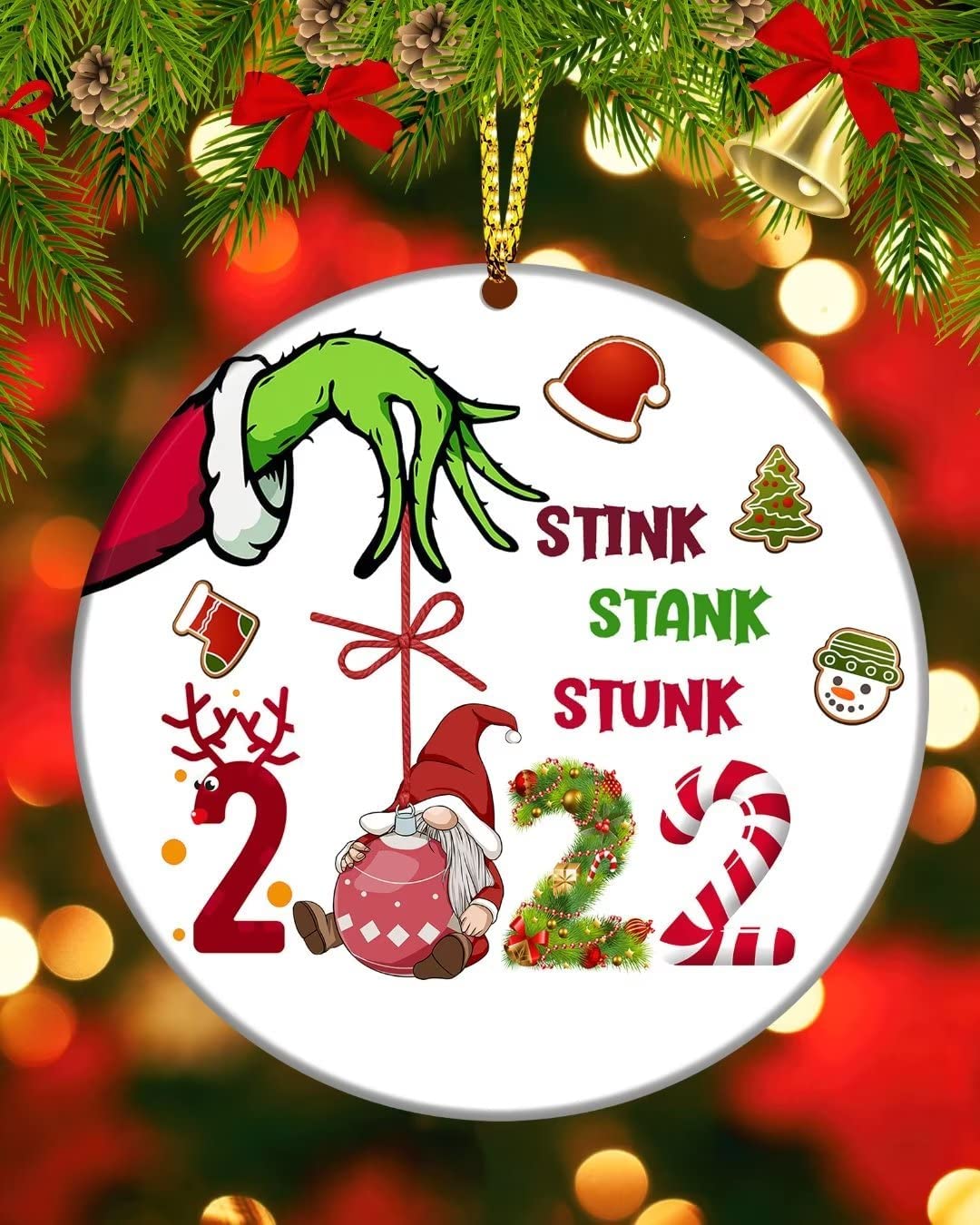 A hilarious Ginchy Christmas tree ornament which reads, '2022, stink, stank, stunk.'