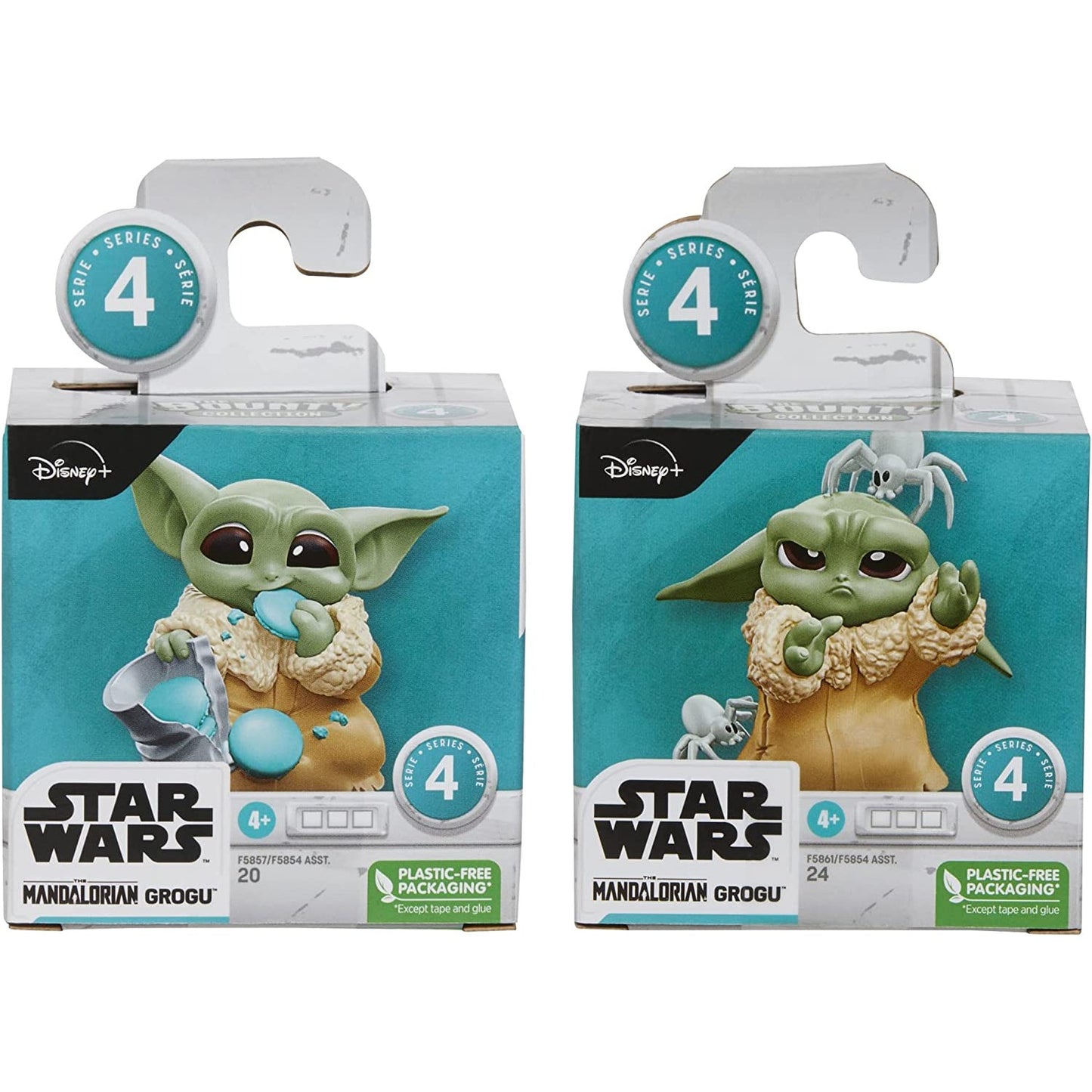A set of 2 figures in packaging of Grogu in “Pesky Spider” and “Cookie Eating” poses.