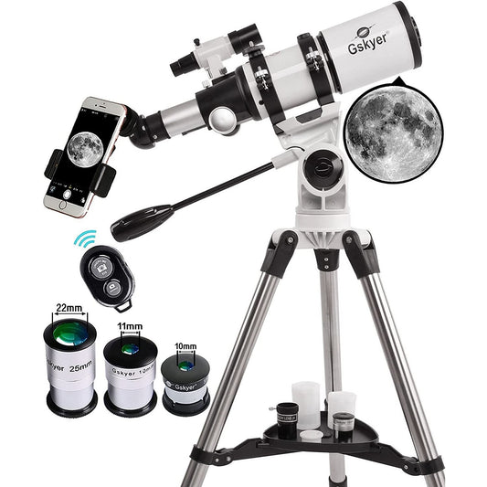 A Gskyer 80mm refractor telescope with accessories.