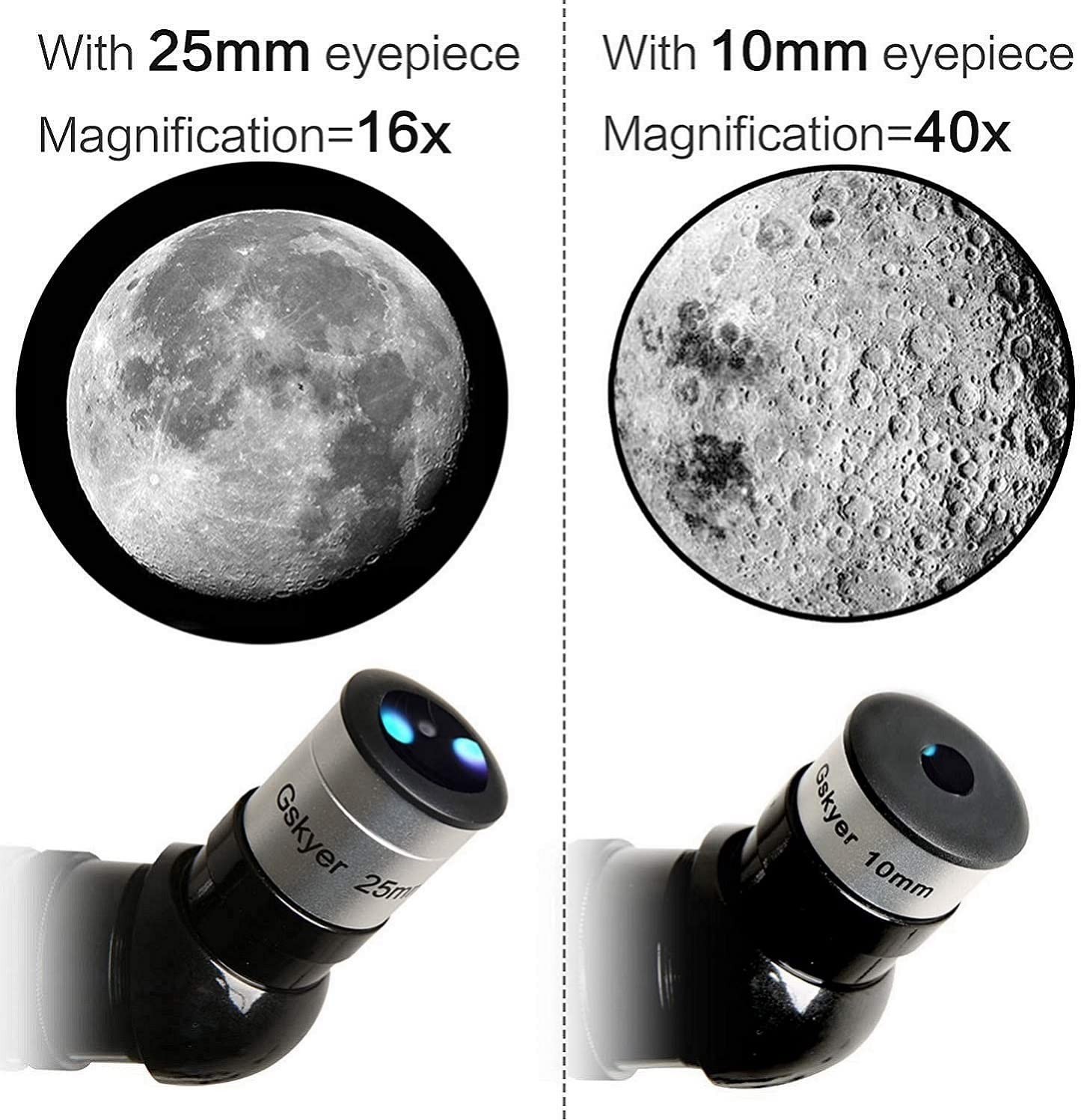 A collage of 2 images showing the difference between the 25mm and 10mm eyepiece used on the A Gskyer 80mm refractor telescope.