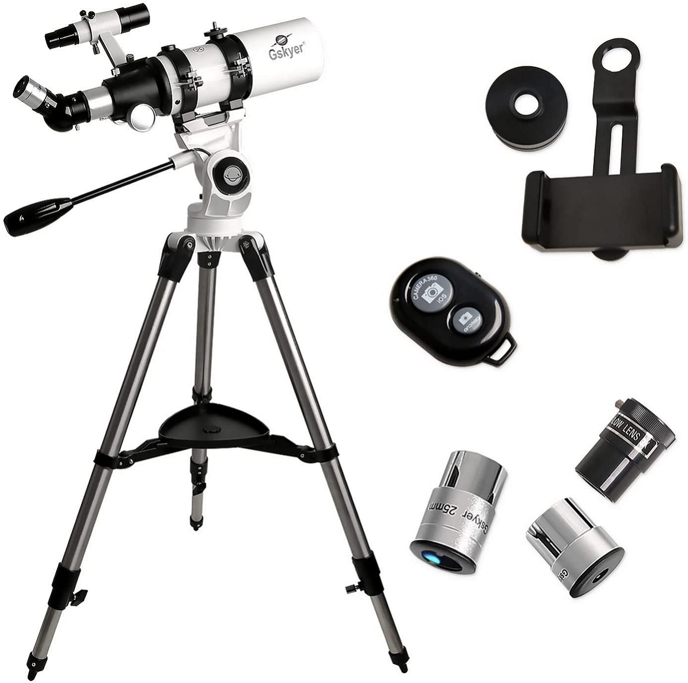 A Gskyer 80mm refractor telescope plus all the accessories you receive with the telescope.