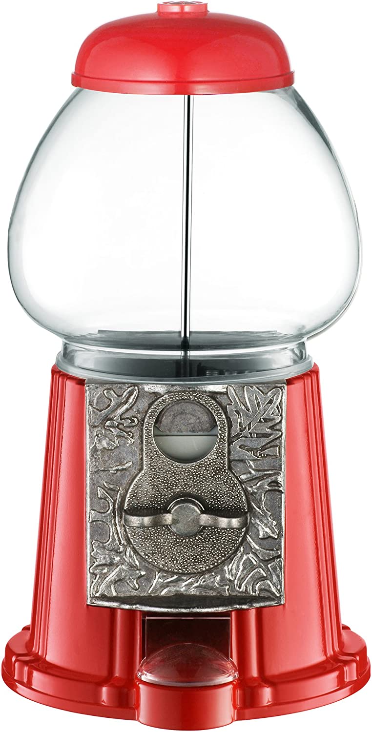 A red retro style empty coin operated gumball dispenser.