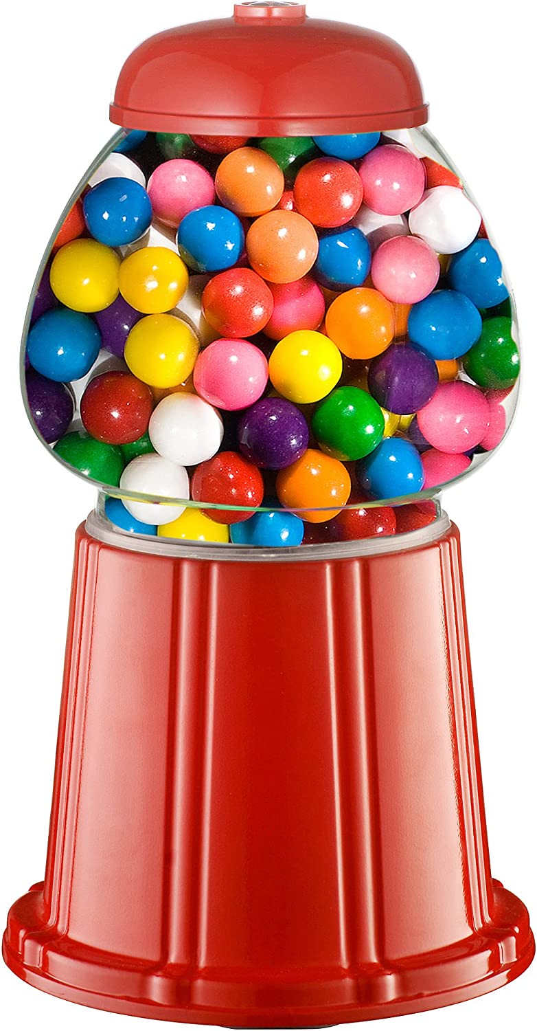 A back view of a retro style coin operated gumball dispenser filled with colorful gumballs