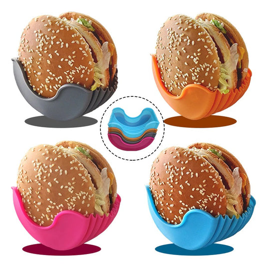 A set of hamburger holders of various colors which are used to easily hold a hamburger.