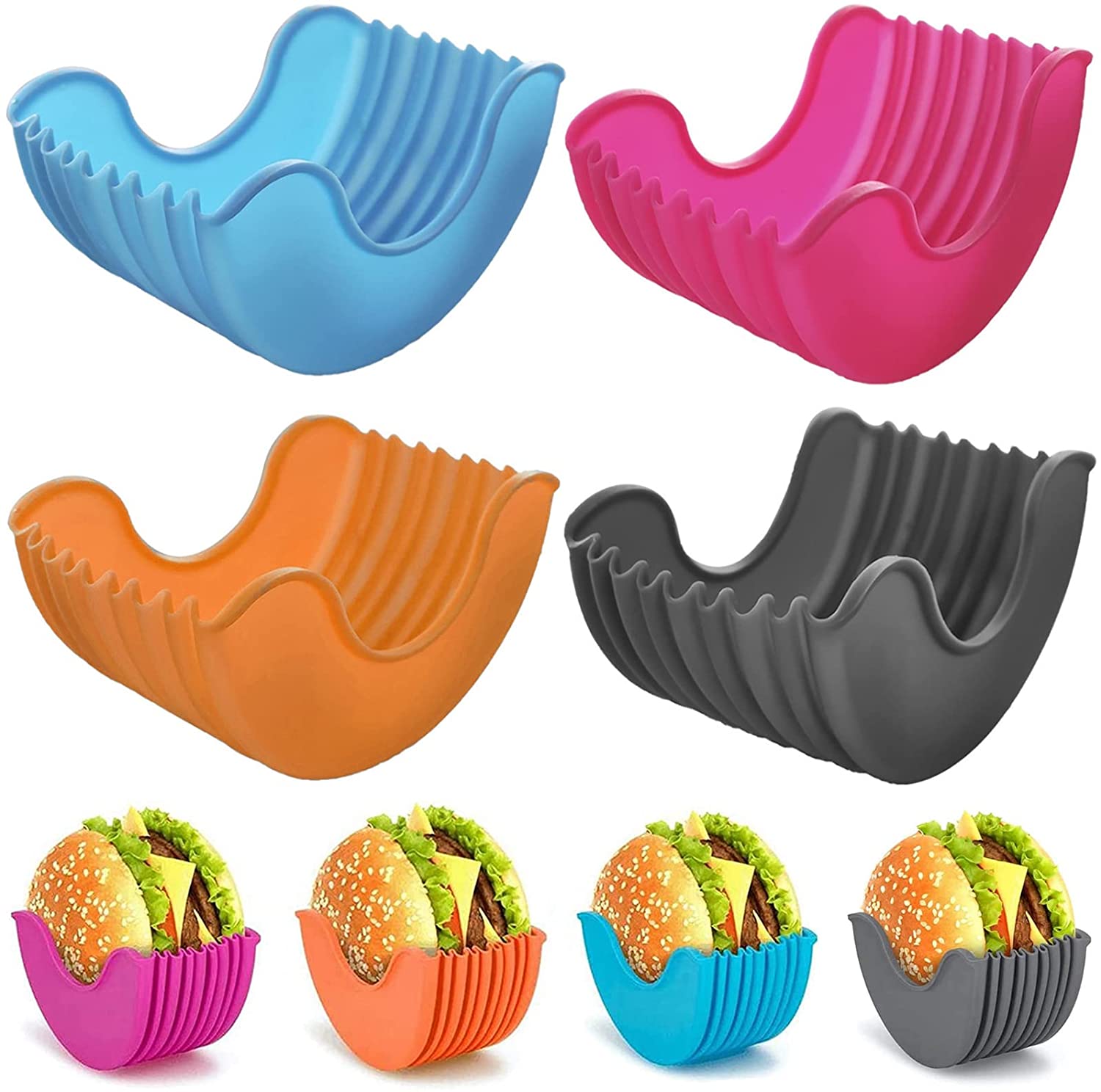 A colorful set of 4 hamburger holders with burgers illustrated to show how the holders work.