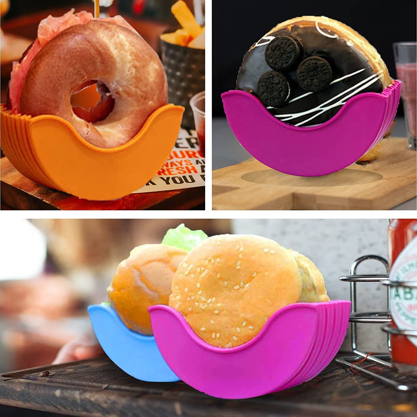 A bagel, donut and burger each in a hamburger holder which is a gadget to ensure mess free burger eating.