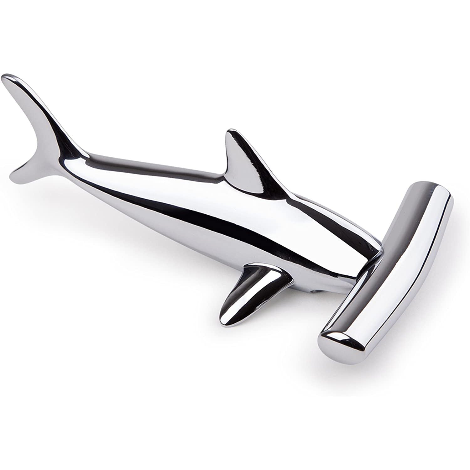 A chrome colored bottle opener and corkscrew shaped like a hammerhead shark.