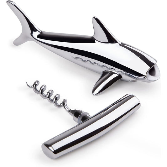 A chrome hammerhead shark shaped bottle opener and corkscrew. The corkscrew section which is the shark's nose has been removed.