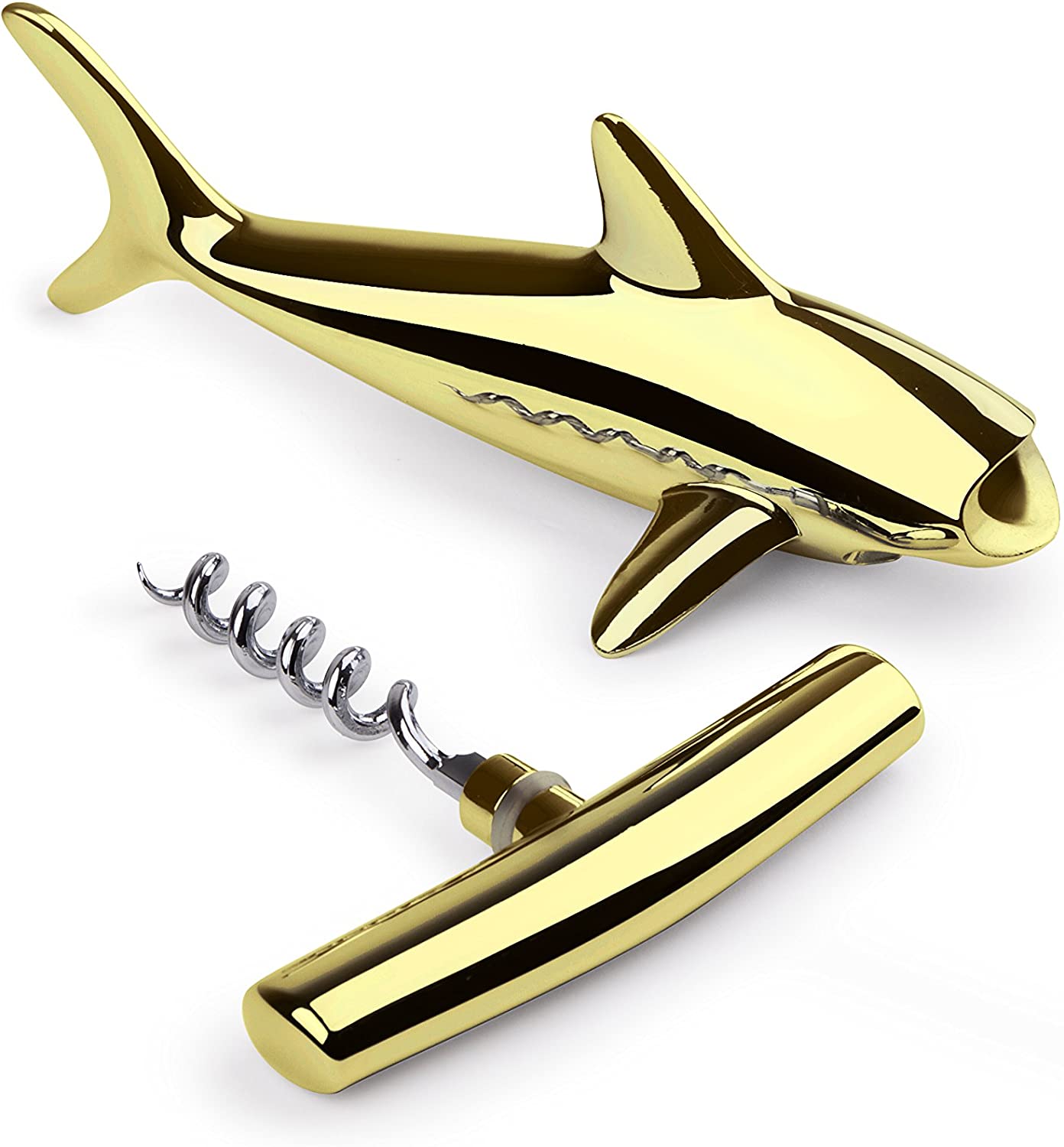 A brass bottle opener and corkscrew shaped like a hammerhead shark. The corkscrew has been removed from the sharks body.