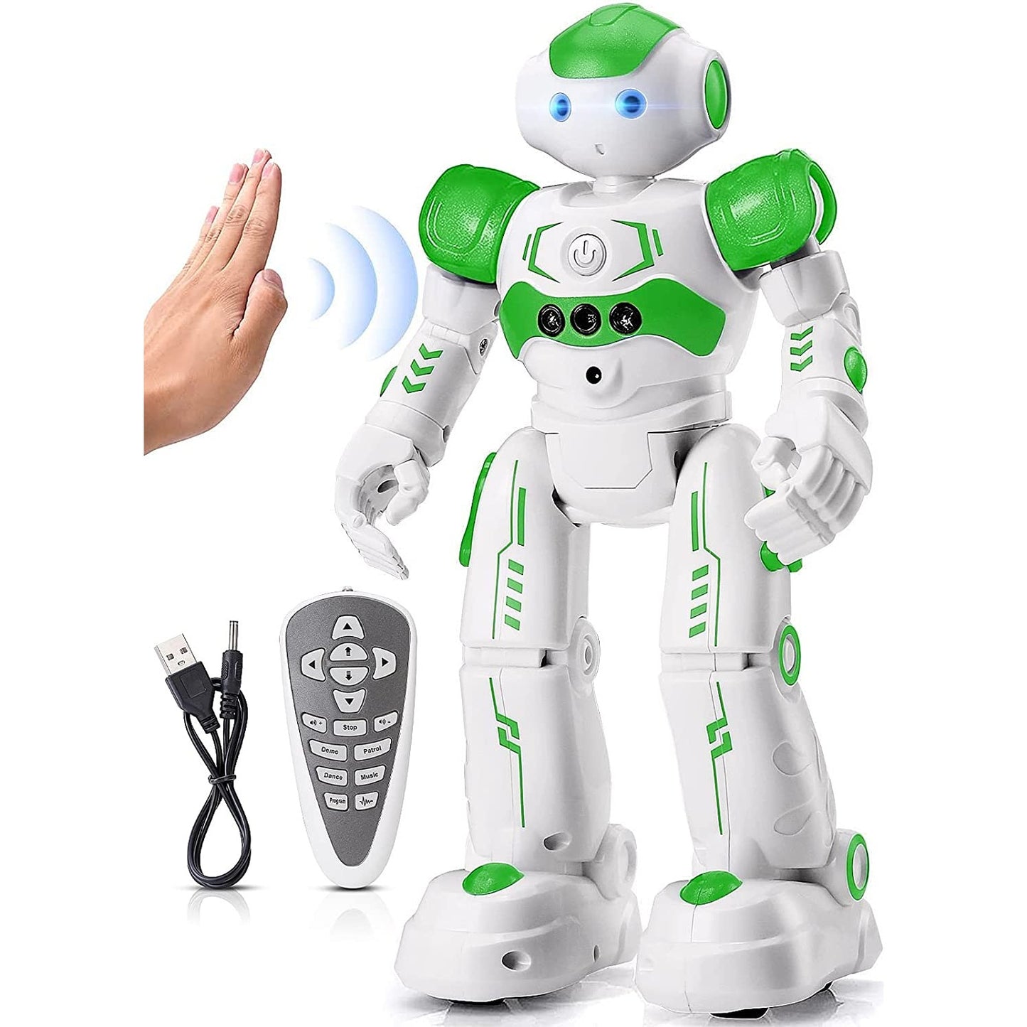 A green colored remote control robot along with a remote and USB charging cable.